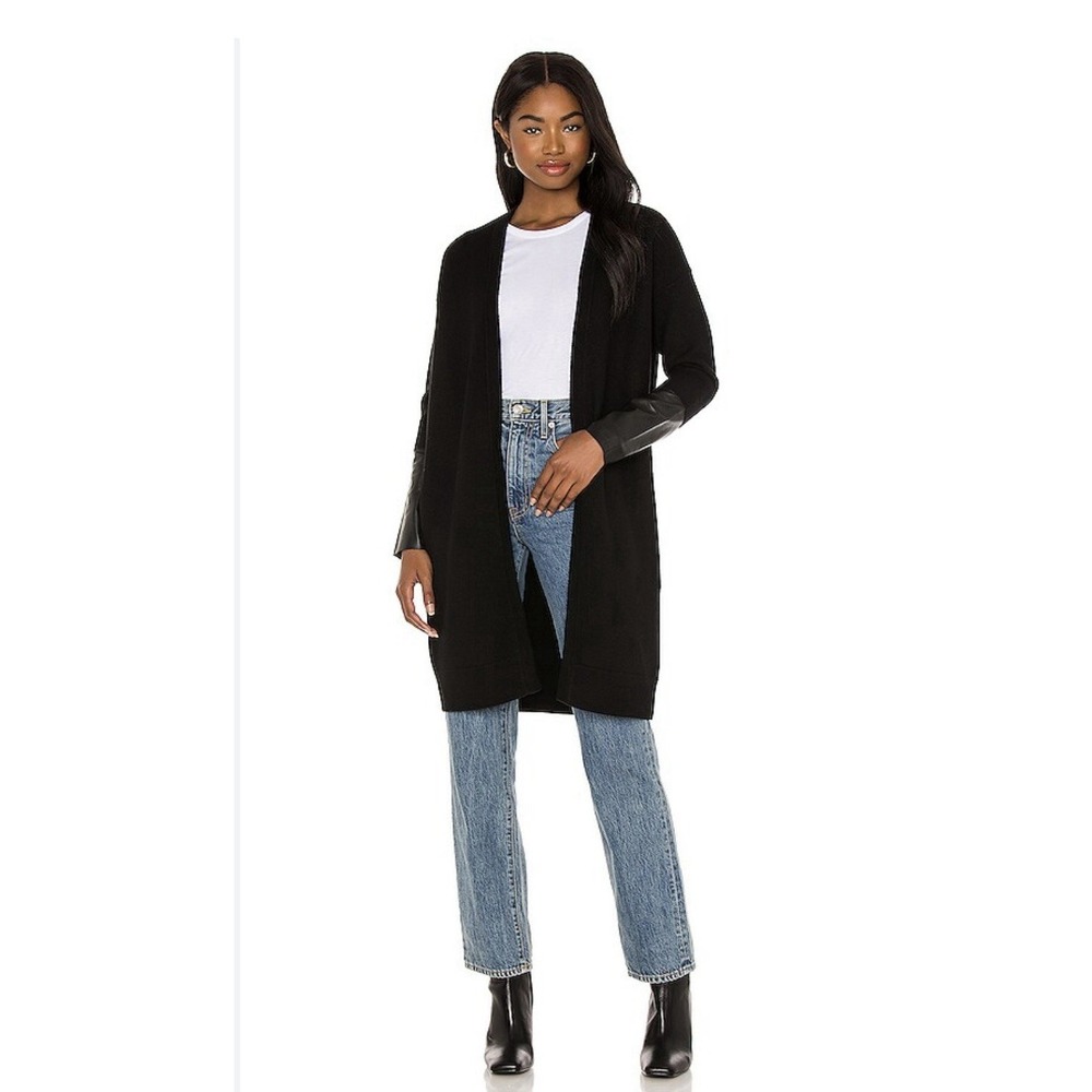 ALLSAINTS Essy 100% Merino Wool & Leather Cuff Long Cardigan Black Size XS